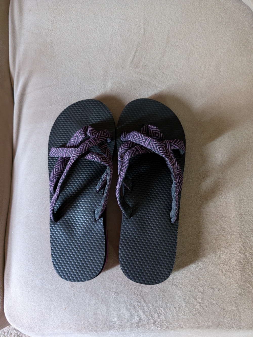 Women’s Black Flip Flops with Purple Patterned Straps